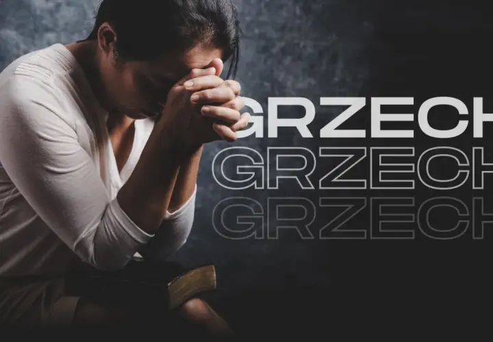 Kobieta modli się nad Biblią, zastanawiając się, czy kłamstwo to grzech. Słowo "GRZECH" powtarza się w tle.