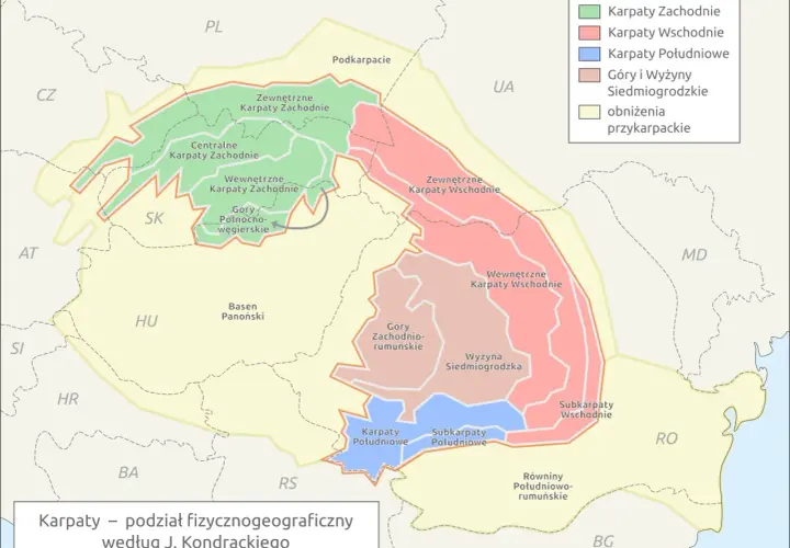 Mapa pokazuje, gdzie leżą Karpaty w Polsce, dzieląc je na Karpaty Zachodnie i Wschodnie, z zaznaczonymi Podkarpaciem.