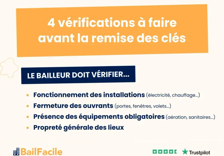 Checklist pour la remise des clés d'une location : le bailleur doit vérifier le bon fonctionnement, la fermeture, les équipements obligatoires et la propreté.