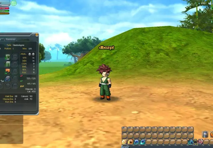Postać z gry Dragon Ball Z Online, w zielonym stroju, z panelem statystyk postaci.