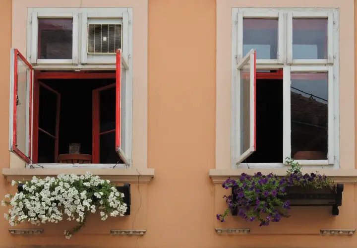 Dwa okna z dwukolorowymi ramami (białe i czerwone) i kwitnącymi skrzynkami. Czy okna dwukolorowe są droższe?
