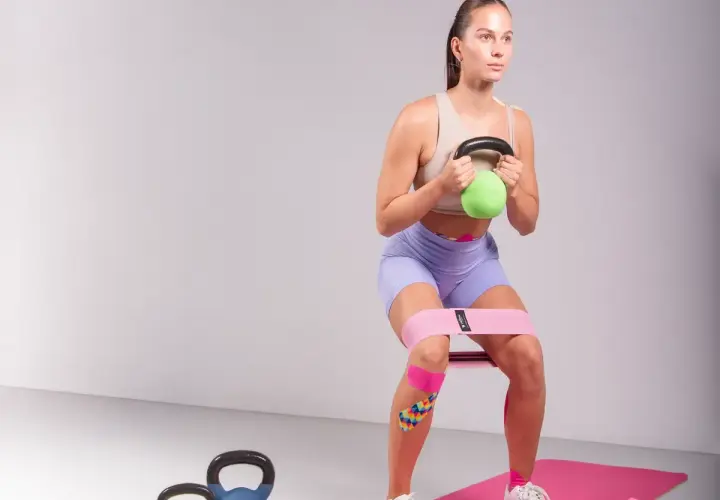 Kobieta wykonuje przysiad z kettlebell, używając taśmy oporowej na uda. To świetny sposób, jak wzmocnić mięśnie brzucha i całe ciało.
