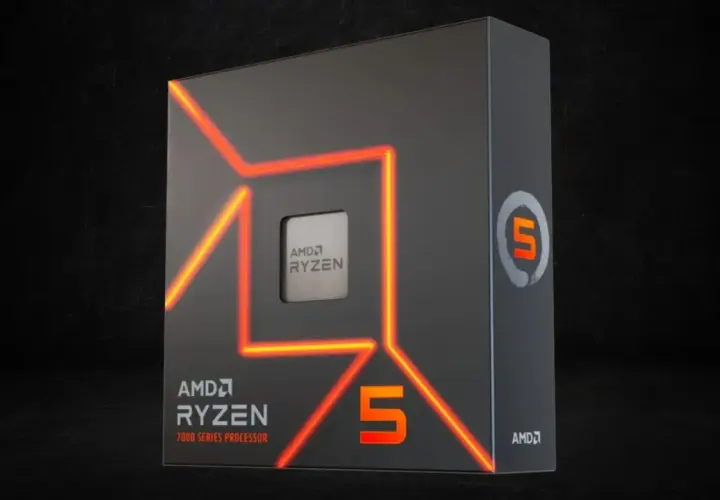 AMD Ryzen 5 7000 Series Prozessor-Verpackung mit leuchtenden orangen Linien und dem AMD Ryzen Logo.