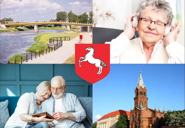 Cztery obrazy: most nad rzeką, starsza kobieta w słuchawkach, para seniorów z tabletem, kościół.