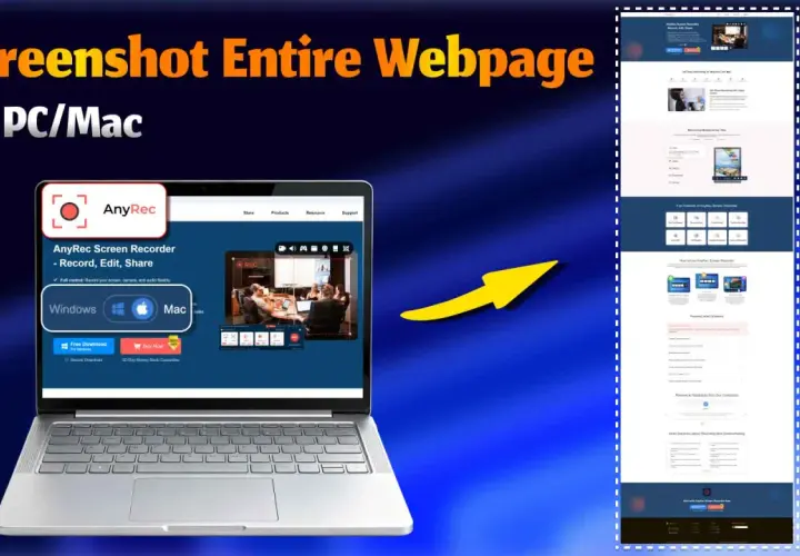 Print screen skrót: laptop z programem AnyRec Screen Recorder, który pozwala nagrywać całe strony internetowe.