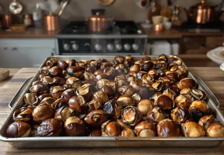 Plateau de châtaignes au four, dorées et craquelées, prêtes à être dégustées. L'odeur réconfortante emplit la cuisine.