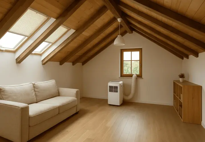 Habitación abuhardillada con sofá, aire acondicionado portátil y estantería. Un ejemplo de como limpiar el aire de una habitación para un ambiente fresco.
