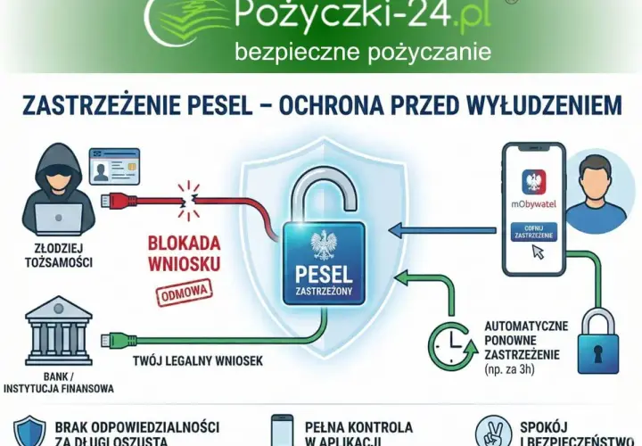 Grafika ilustruje, jak zastrzeżenie PESEL chroni przed wyłudzeniem. Złodziej tożsamości próbuje złożyć wniosek, ale zostaje zablokowany. Twój legalny wniosek do banku jest bezpieczny. Zapewnia to bezpieczny PESEL.