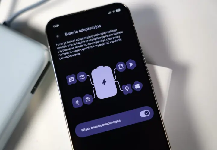 Ekran telefonu z włączoną funkcją "Bateria adaptacyjna", która optymalizuje zużycie energii przez aplikacje, by wydłużyć czas pracy.