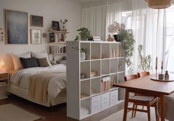 Gemütliche 1 Zimmer Wohnung einrichten 30qm: Bett, Regalwand, Esstisch und Pflanzen schaffen ein harmonisches Zuhause.