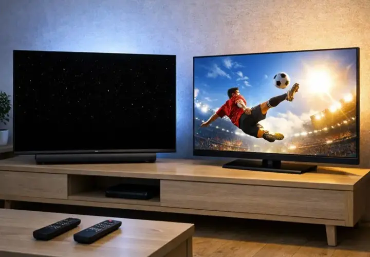 Dwa telewizory na drewnianej szafce. Jeden pokazuje nocne niebo, drugi mecz piłki nożnej. Który lepszy: oled czy qled?