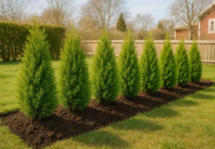Række af nyplantede, grønne thuja-træer i en solrig have. Plantera thuja för att skapa en vacker häck.