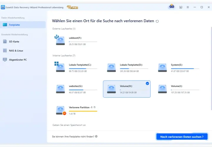 Die Software zeigt eine Liste von Laufwerken zur Datenwiederherstellung an. Eine "Verlorene Partition" mit 1,43 TB ist als externe Festplatte nicht zugeordnet.