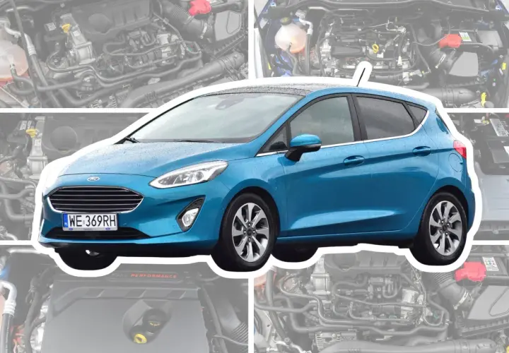 Niebieski Ford Fiesta MK8 z widocznym silnikiem pod maską.
