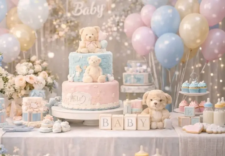 Torta a due piani con orsetti, palloncini pastello e decorazioni a tema per un baby shower. Ecco come organizzare un baby shower indimenticabile!