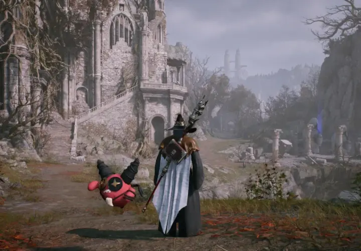 Magiczna postać z towarzyszem przed ruinami zamku. Czy to początek przygody w mmo?