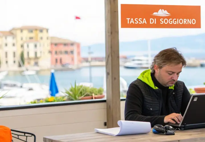 Uomo al lavoro con laptop, con vista sul porto e un cartello "Tassa di soggiorno".