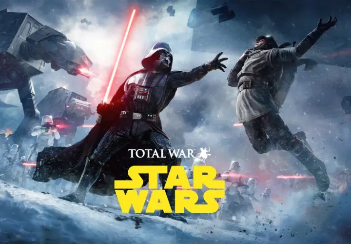 Darth Vader walczy z rebeliantami na śnieżnej planecie, podczas gdy AT-AT i myśliwce sieją zniszczenie. To epicka bitwa w stylu **Total War Star Wars**.