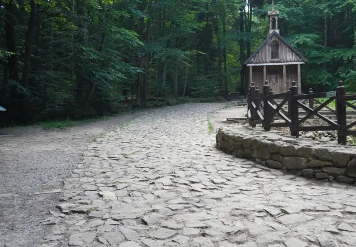 Kamienna ścieżka prowadzi do małej kapliczki w lesie. To wejście na Łysicę, gdzie można poczuć spokój natury.