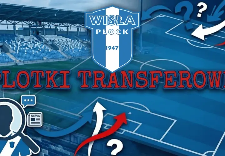 Grafika z herbem Wisły Płock, boiskiem, strzałkami i znaki zapytania.