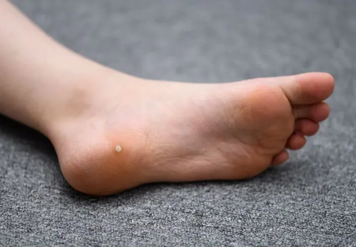 Piede di un bambino con una piccola verruca sul tallone.