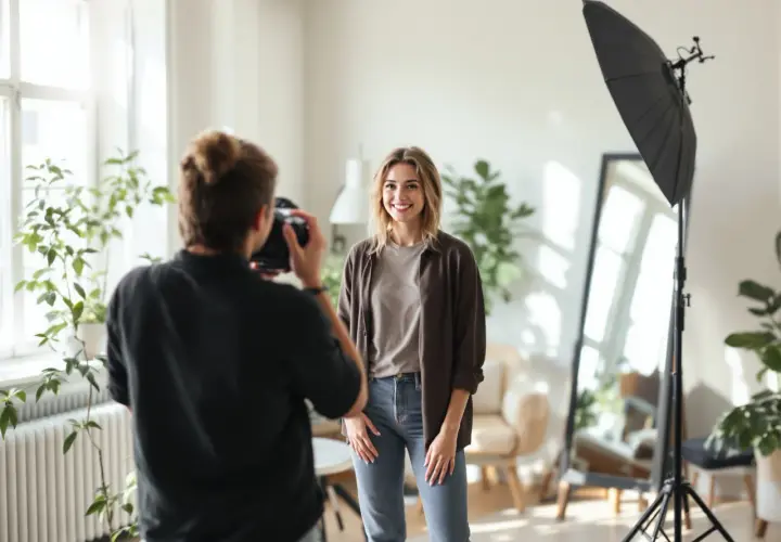 Fotograf robi zdjęcie uśmiechniętej modelce, która uczy się, jak pozować do zdjęć. W tle widać lampę i rośliny.
