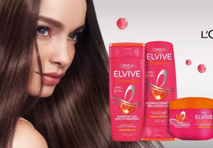 Mujer con pelo liso y sedoso, junto a productos L'Oréal Elvive Dream Liso para un cabello sin frizz.