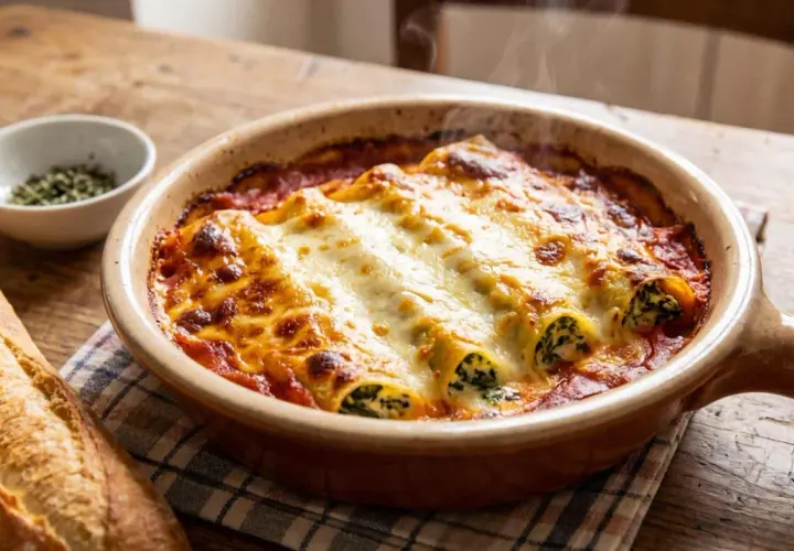 Cannelloni gratinés à la tomate et mozzarella fondante, fumant sur une table en bois. Un délice réconfortant.