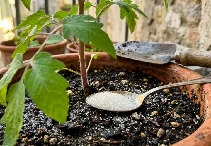 Un cucchiaino di zucchero, un piccolo trapianto e una paletta: ingredienti per un concime per pomodori fai da te che promette crescita rigogliosa.