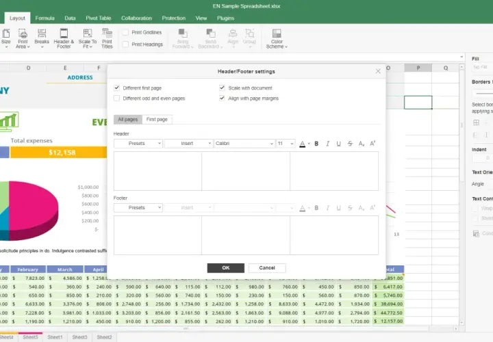 Finestra di dialogo per l'intestazione e il piè di pagina di Excel, con opzioni per personalizzare l'intestazione.