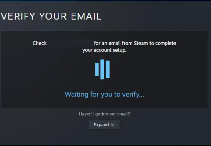Ekran weryfikacji email na Steam. Nie ma tu opcji jak zobaczyć swoje hasło na Steam, tylko potwierdzenie konta.