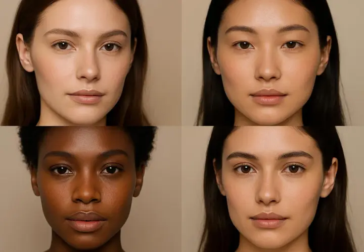 Portretowa fotografia beauty. Cztery kobiety o różnych odcieniach skóry prezentują naturalny makijaż.