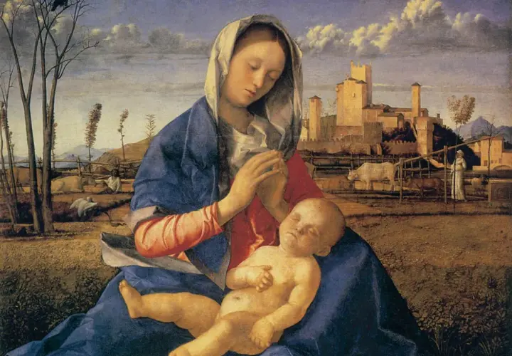 Madonna z Dzieciątkiem, przykład klasycznych aktów w malarstwie światowym. Dziecko śpi na kolanach matki, w tle krajobraz z zamkiem.