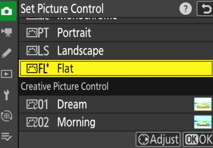 Menu aparatu Nikon, wybór ustawienia "Picture Control". Podświetlona opcja "FL* Flat".