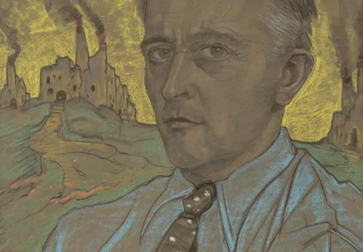 Portret mężczyzny w niebieskiej koszuli i krawacie, na tle industrialnego krajobrazu. Jedno z charakterystycznych dzieł z cyklu witkacy portrety.