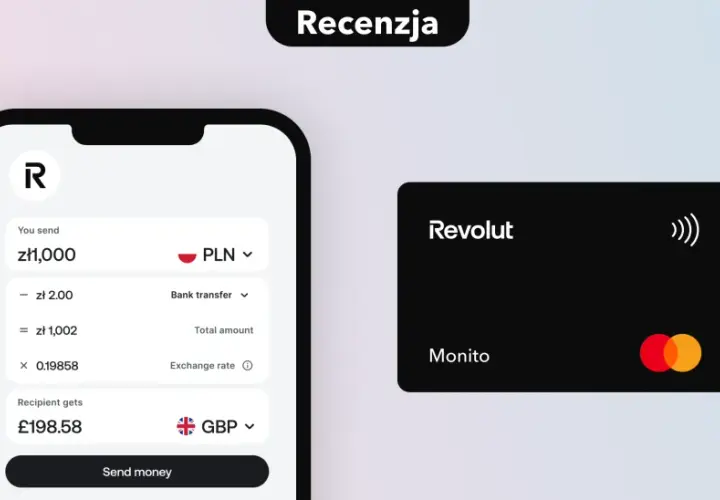 Aplikacja Revolut pokazuje przelew 1000 zł na konto w GBP. Obok czarna karta Revolut.