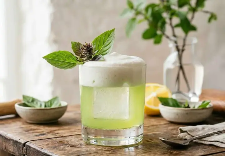 En uppfriskande thai basil drink med skummig topp, garnerad med färska basilikablad. En perfekt sommardrink.