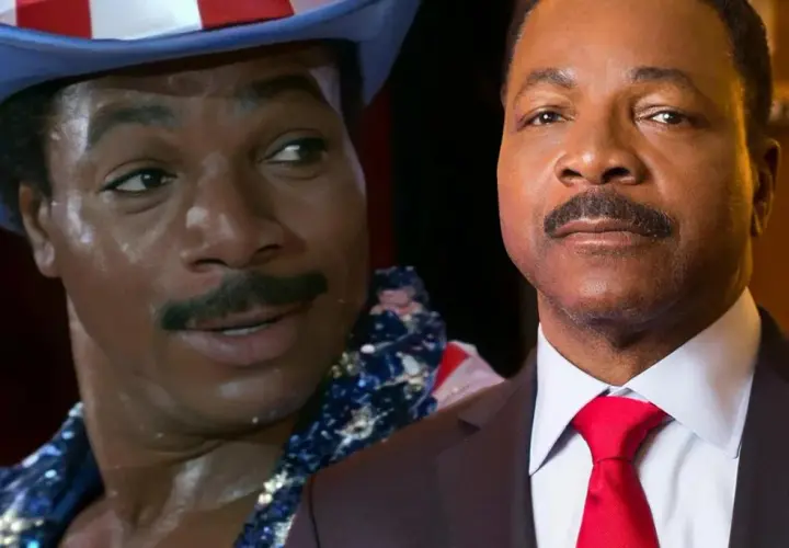 Carl Weathers w filmach: młody Apollo Creed w amerykańskiej czapce i starszy pan w garniturze z czerwoną muszką.