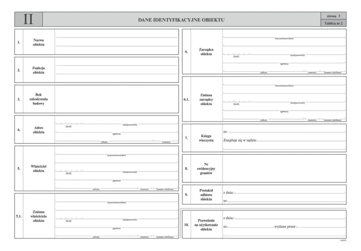 Książka obiektu budowlanego zawiera dane identyfikacyjne, adres, właściciela, zarządcę oraz informacje o pozwoleniach.