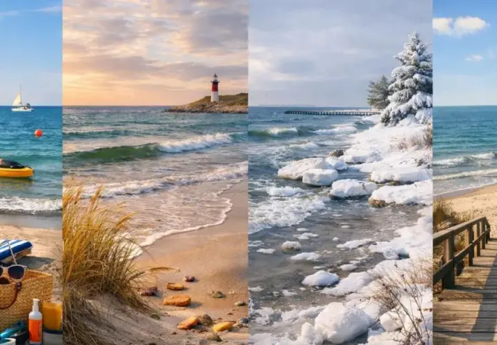 Polskie morze o każdej porze roku: letnie wakacje z leżakiem i kajakiem, jesień z latarnią, zima ze śniegiem i wiosna z drewnianymi schodkami na plażę.