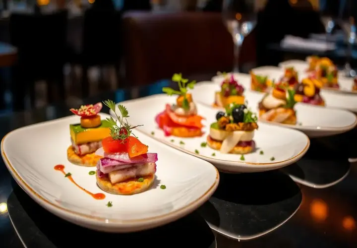 Petits amuse-bouches colorés sur des assiettes blanches, une recette entrée originale et raffinée.