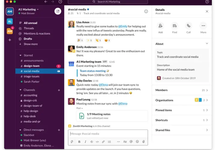 Kanał #social-media w Slacku, gdzie zespół koordynuje działania w mediach społecznościowych.