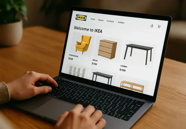 Osoba przegląda meble na stronie IKEA, planując zakupy. Może zapłacić wygodnie przez PayPo.