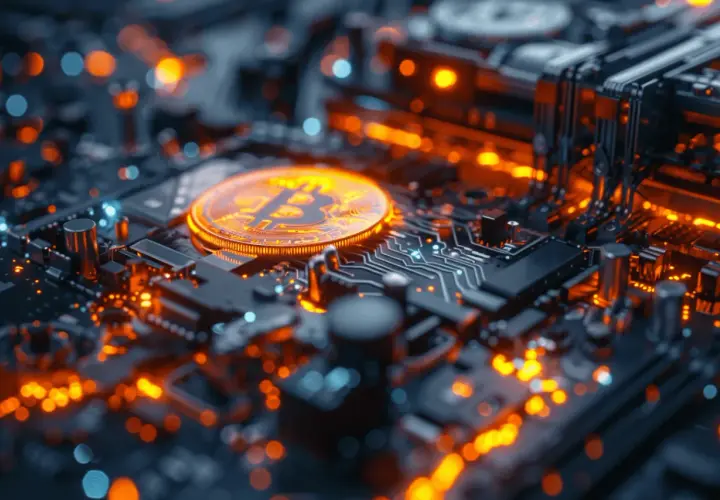 Złoty Bitcoin na tle świecącej płyty głównej. Dowiedz się, jak kopać kryptowaluty na PC, wykorzystując moc obliczeniową.