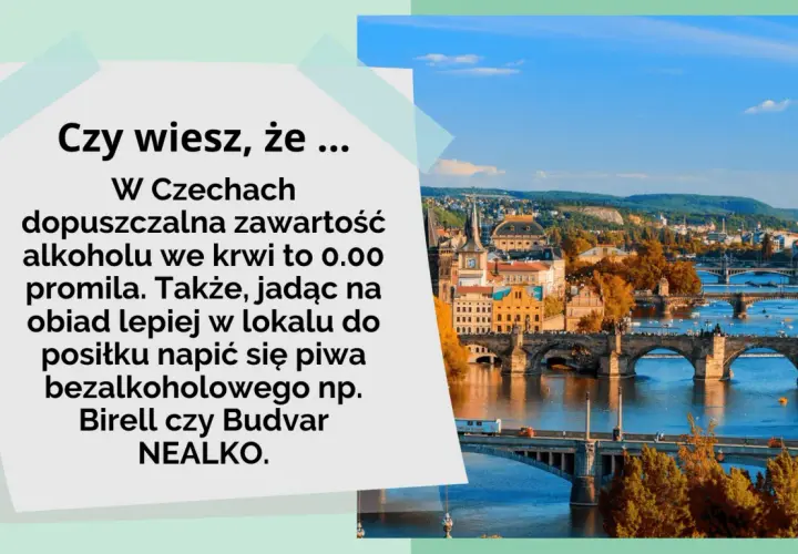 Widok na Pragę z mostami i rzeką Wełtawą, z tekstem o dopuszczalnej zawartości alkoholu we krwi w Czechach.