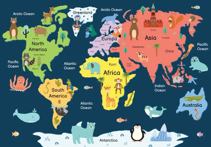 Mapa świata z zabawnymi zwierzętami ilustrująca, jakie są kontynenty: Ameryka Północna, Ameryka Południowa, Europa, Afryka, Azja, Australia i Antarktyda.