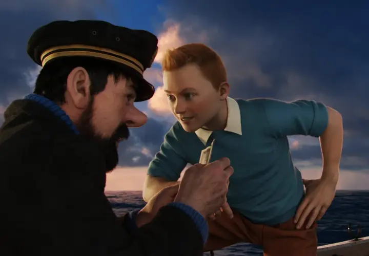 Kapten Haddock och Tintin 2 diskuterar ett viktigt fynd ombord på en båt.