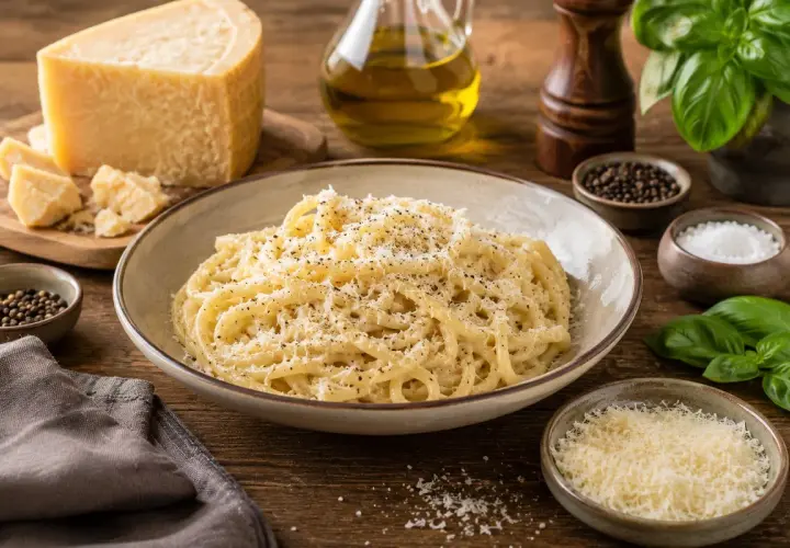 Pyszne spaghetti posypane startym serem, obok kawałek twardego sera włoskiego, oliwa i świeża bazylia.