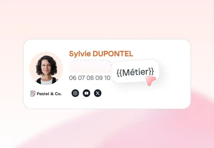 Signature mail de Sylvie DUPONTEL, {{Métier}}, avec son numéro et les icônes de réseaux sociaux.