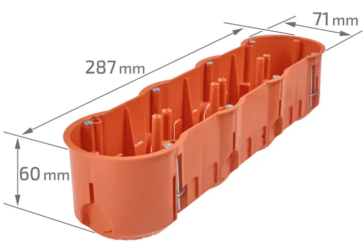 Pomarańczowa puszka elektryczna o wymiarach 287x71x60 mm, z widocznymi elementami montażowymi.